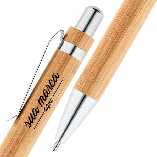 Caneta em Bambu e Metal Personalizada 