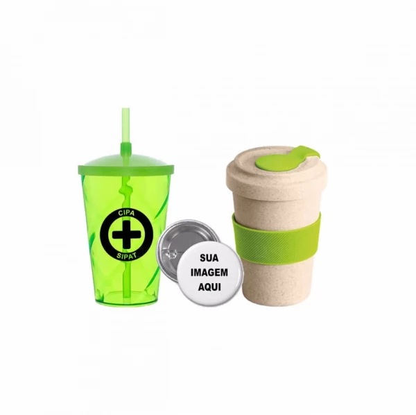 Kit Boas-Vindas Personalizado com Copos e Botton – 3 Peças 