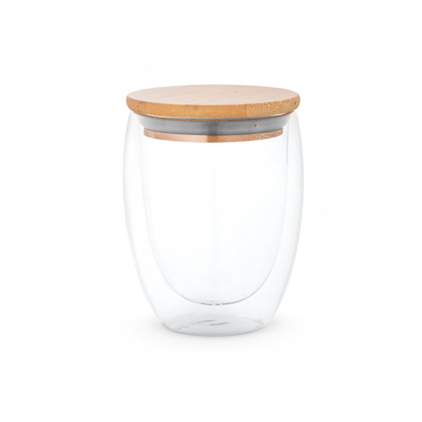Copo de Vidro Isotérmico com Tampa de Bambu Personalizado - 350ml 