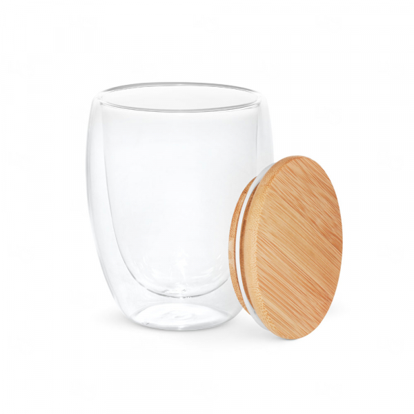 Copo de Vidro Isotérmico com Tampa de Bambu Personalizado - 350ml 