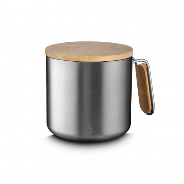 Caneca Térmica em Inox e Bambu 330ml Personalizada