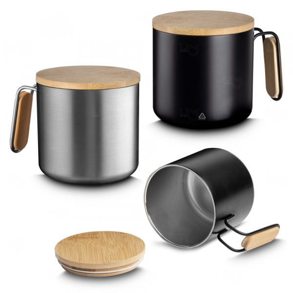 Caneca Térmica em Inox e Bambu 330ml Personalizada 