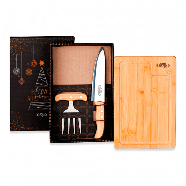 Kit Personalizado p/ Churrasco Bambu Com Garfo 4 Dentes - 3 Pç 