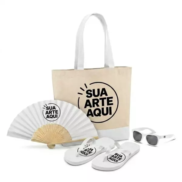 Kit Brisa Personalizado - Sacola, Leque, Chinelo e Óculos Branco