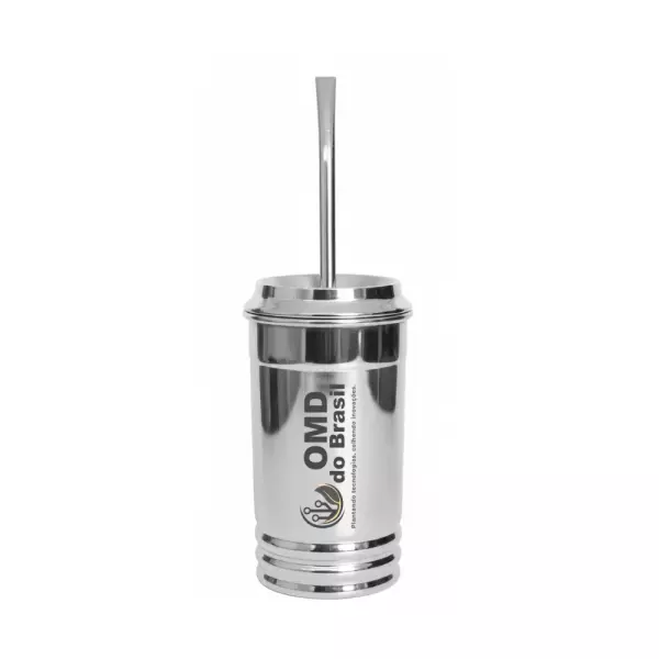 Copo Tereré 400 ml em Aço Polido com Tampa e Bomba Personalizado