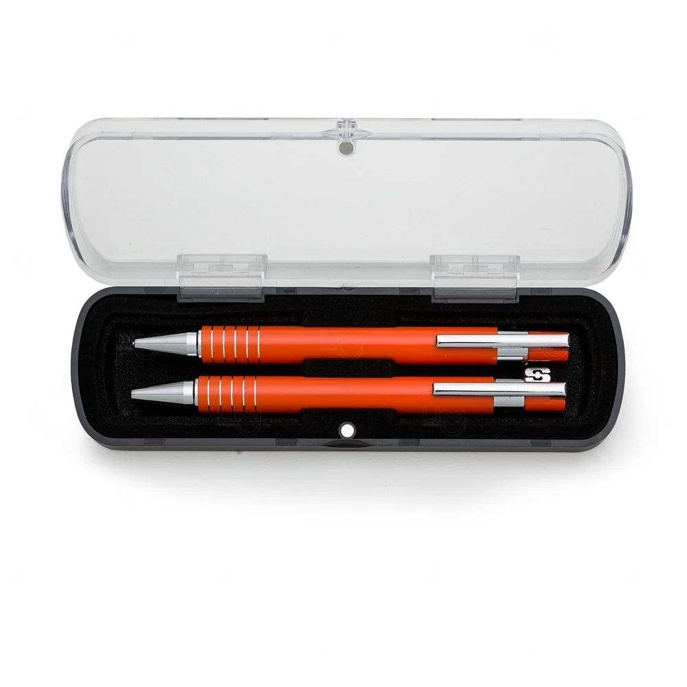 Kit Estojo Acrilico C/ Caneta e Lapiseira Personalizado Laranja