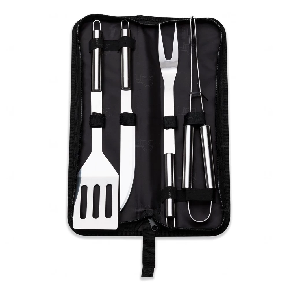 Kit Churrasco Personalizado  4 Peças Inox e Estojo Preto