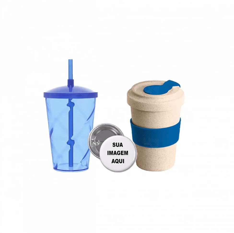 Kit Boas-Vindas Personalizado com Copos e Botton – 3 Peças Azul