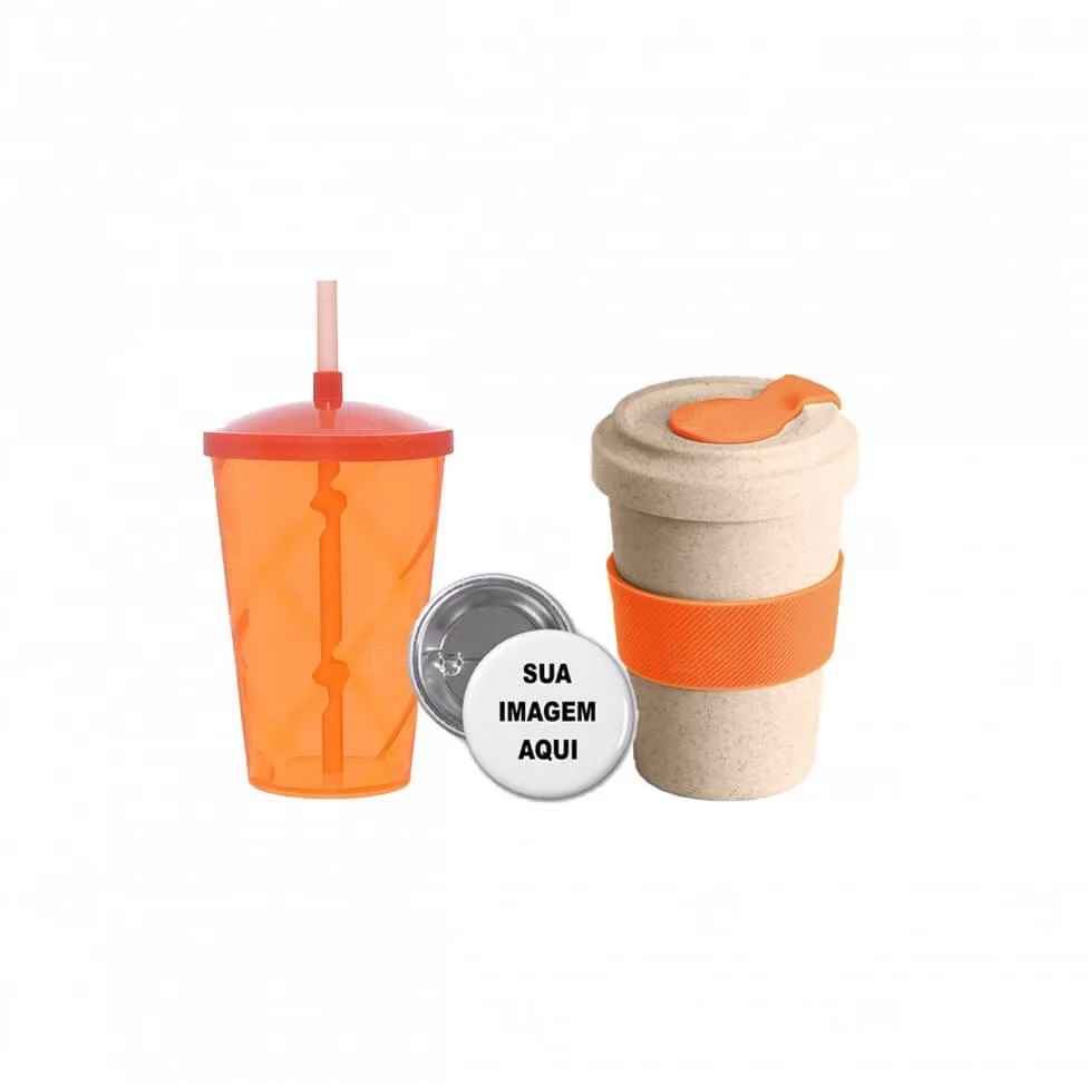 Kit Boas-Vindas Personalizado com Copos e Botton – 3 Peças Laranja