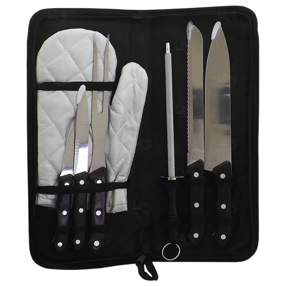 Kit Churrasco 7 Peças e Estojo: 4 Facas, Garfo, Chaira e Luva Preto