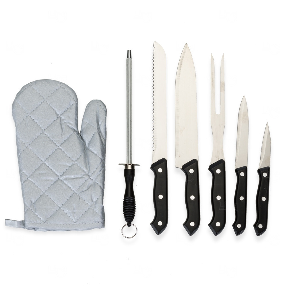 Kit Churrasco 7 Peças e Estojo: 4 Facas, Garfo, Chaira e Luva 