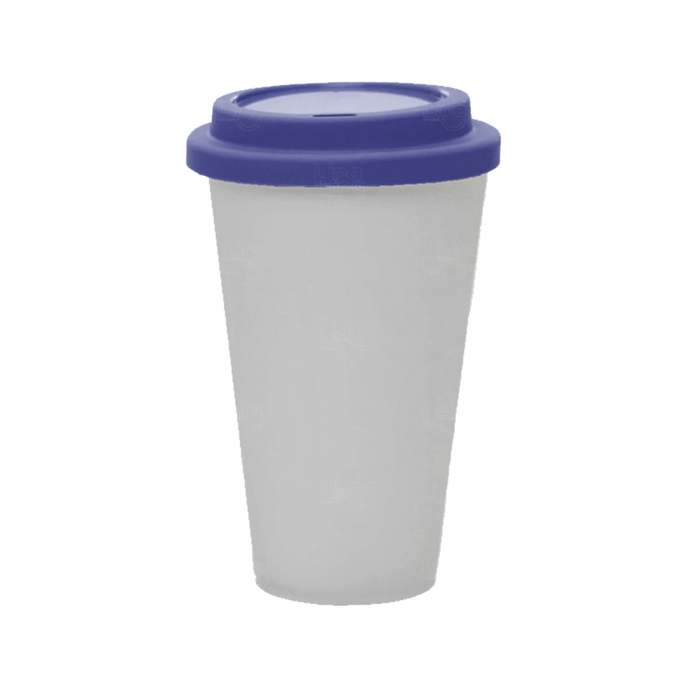 Copo In Mold Label com Tampa 550ml Personalizado Branco e Azul Escuro