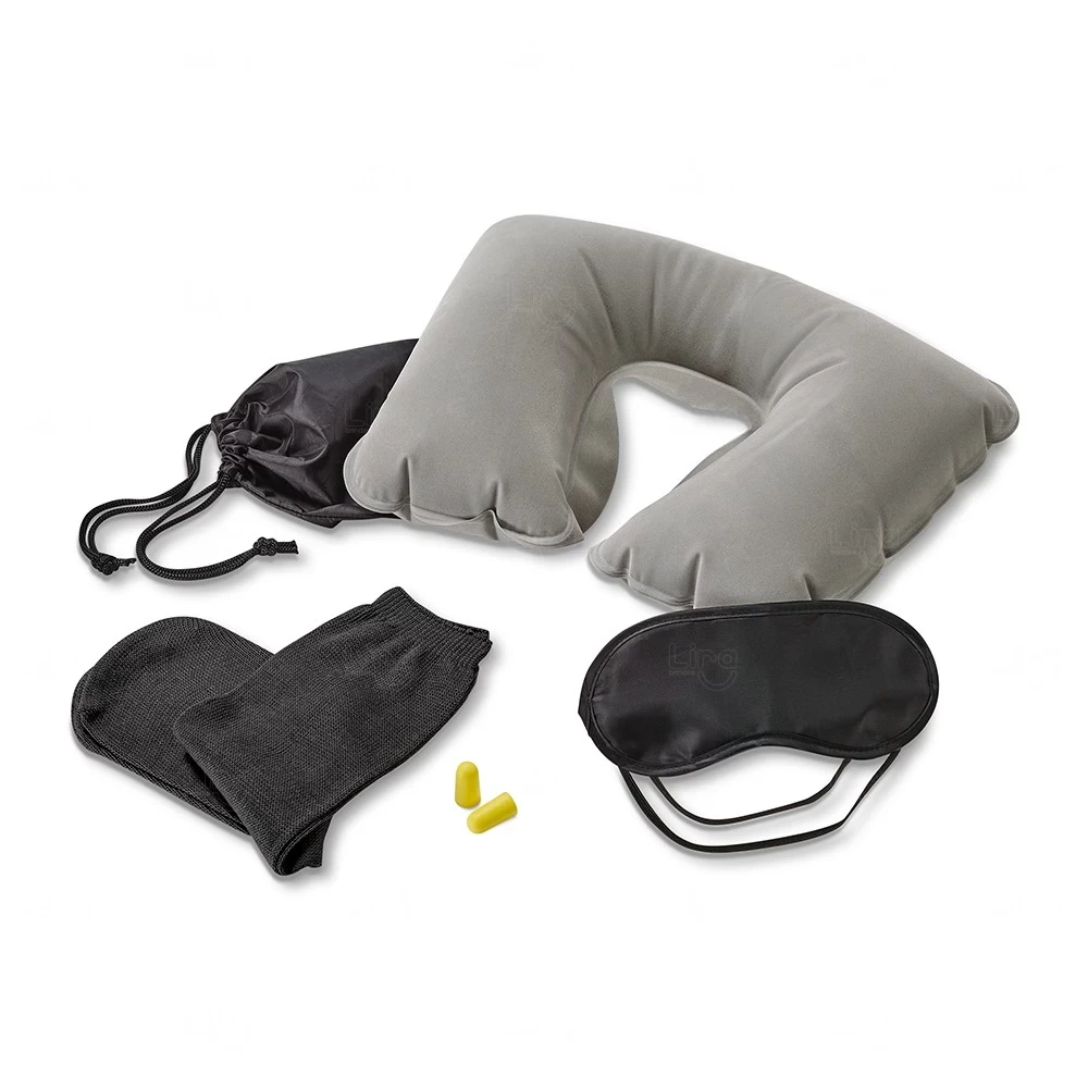 Kit Viagem com Almofada, Máscara, Meias e Bolsa Personalizado Preto