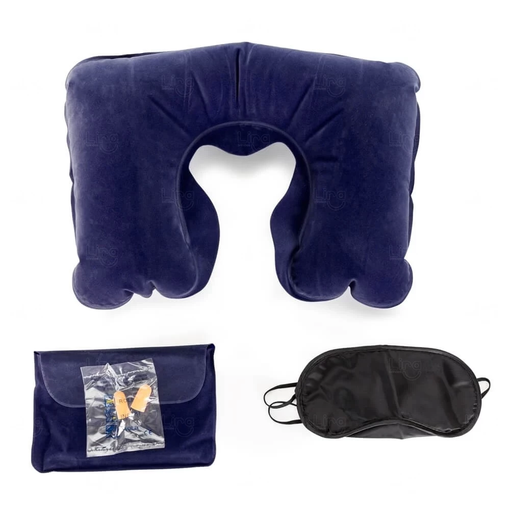 Kit Viagem com Travesseiro, Máscara e Protetor Auricular Azul Escuro