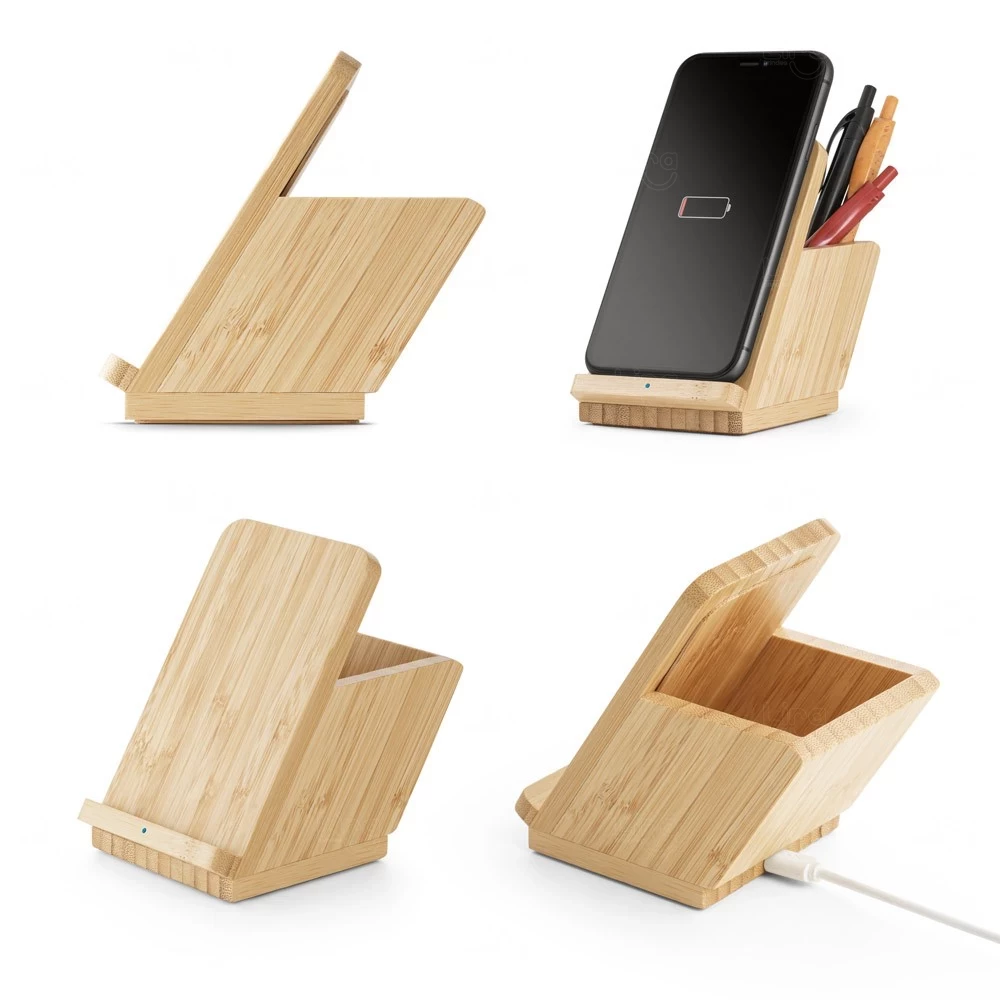 Base Carregador Wireless em Bambu com Porta Canetas Personalizado 