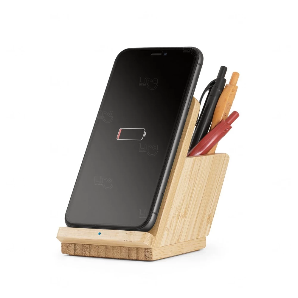 Base Carregador Wireless em Bambu com Porta Canetas Personalizado 