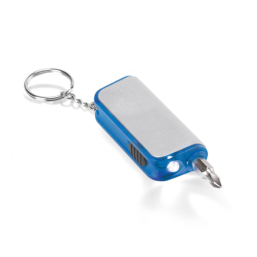 Chaveiro com Lanterna LED e Chave Phillips Personalizado Azul