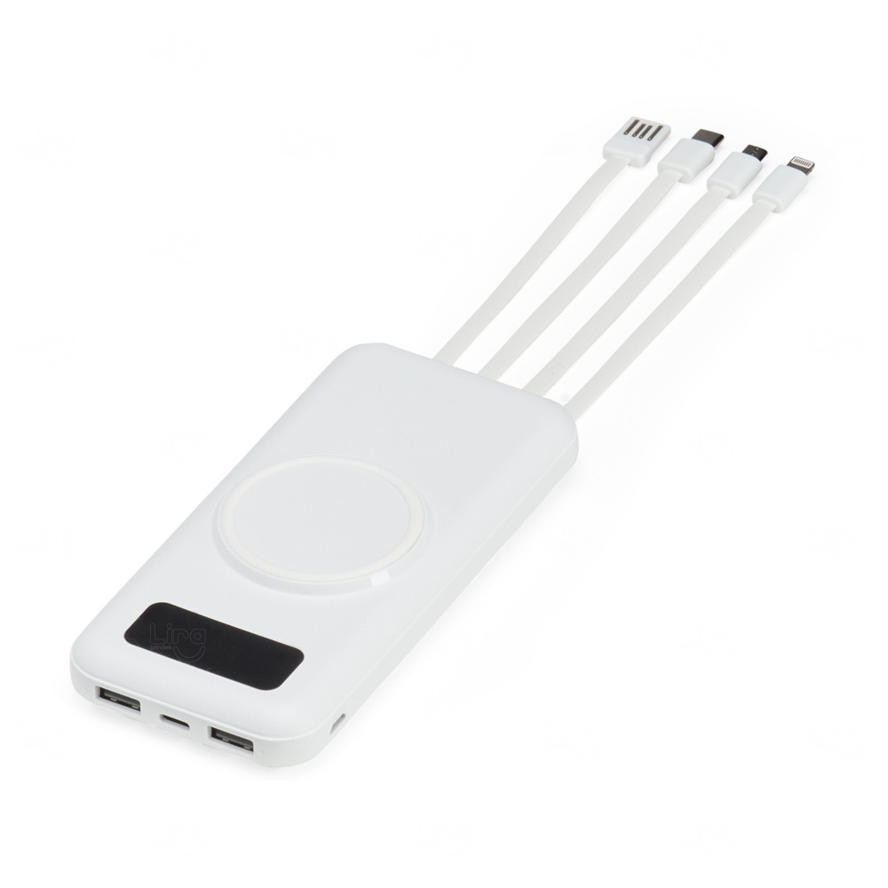 Power Bank p/ Indução e Cabos Acoplados Personalizado - 10.000mAh Branco