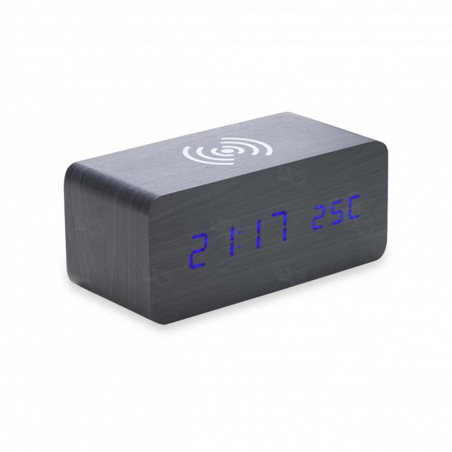 Relógio de Madeira com Base Carregador por Indução Personalizado Cinza