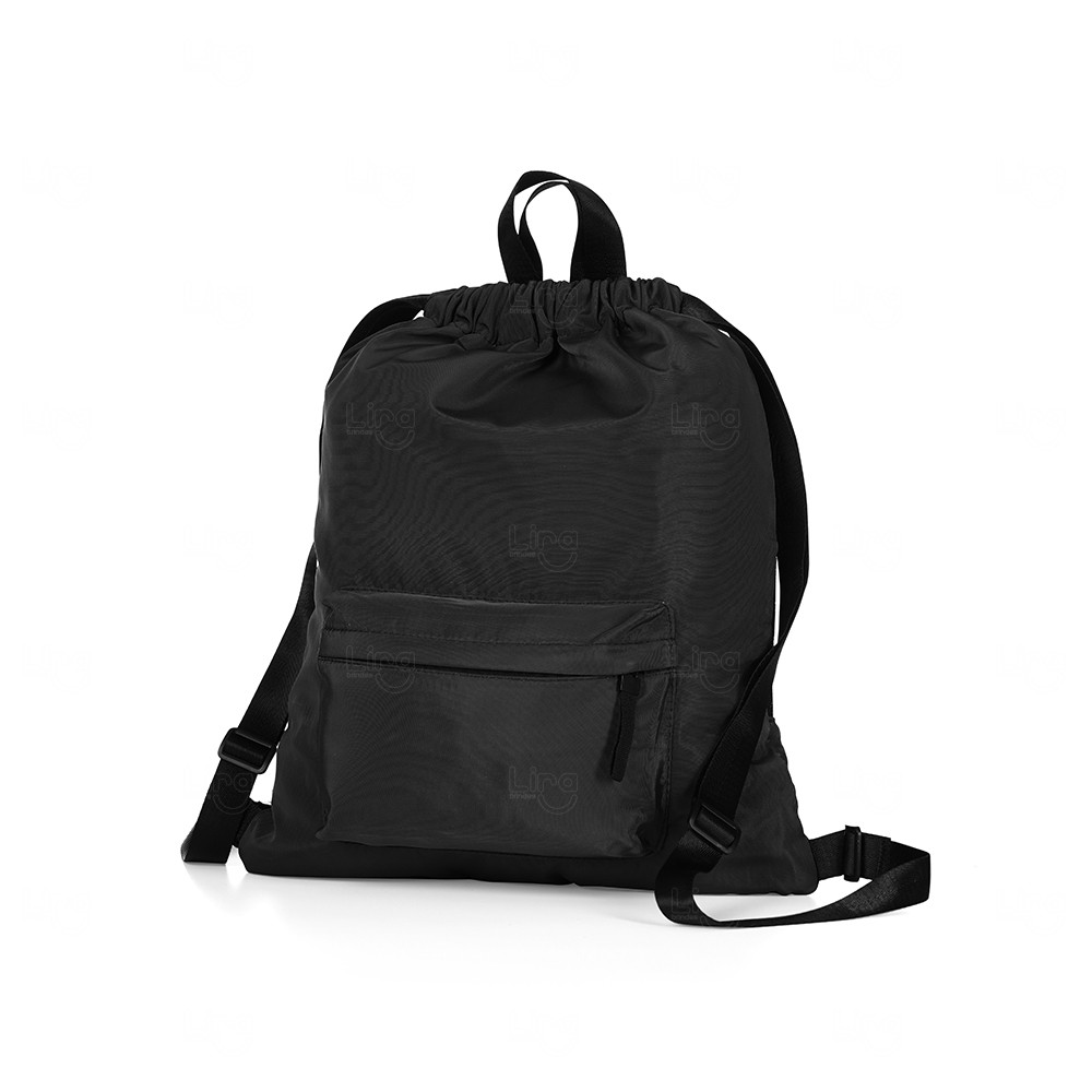 Sacochila com Bolso e Zíper Personalizada - 44 x 37 cm Preto
