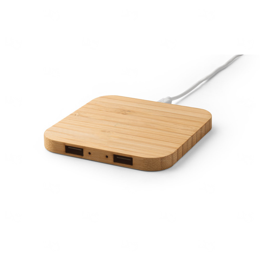 Base de Carregamento Wireless 15W em Bambu com Hub Personalizado 