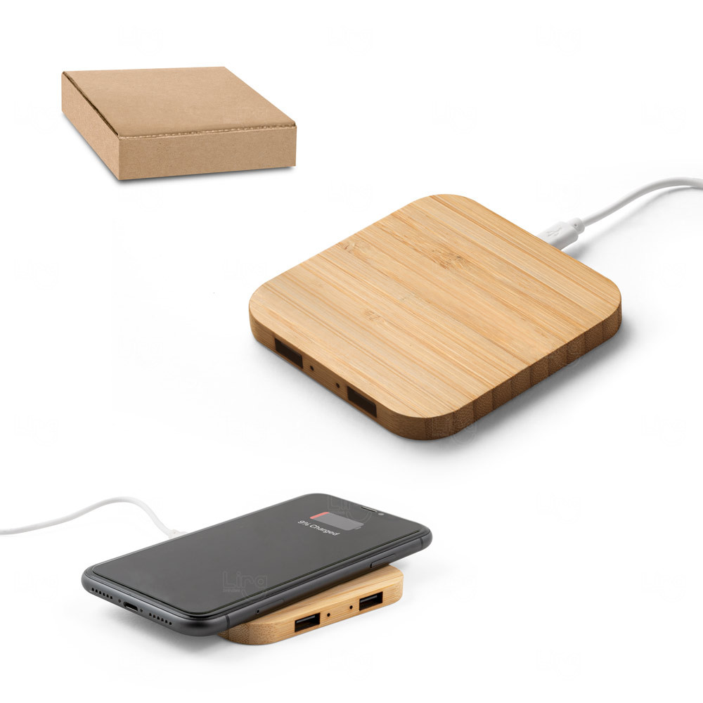 Base de Carregamento Wireless 15W em Bambu com Hub Personalizado 
