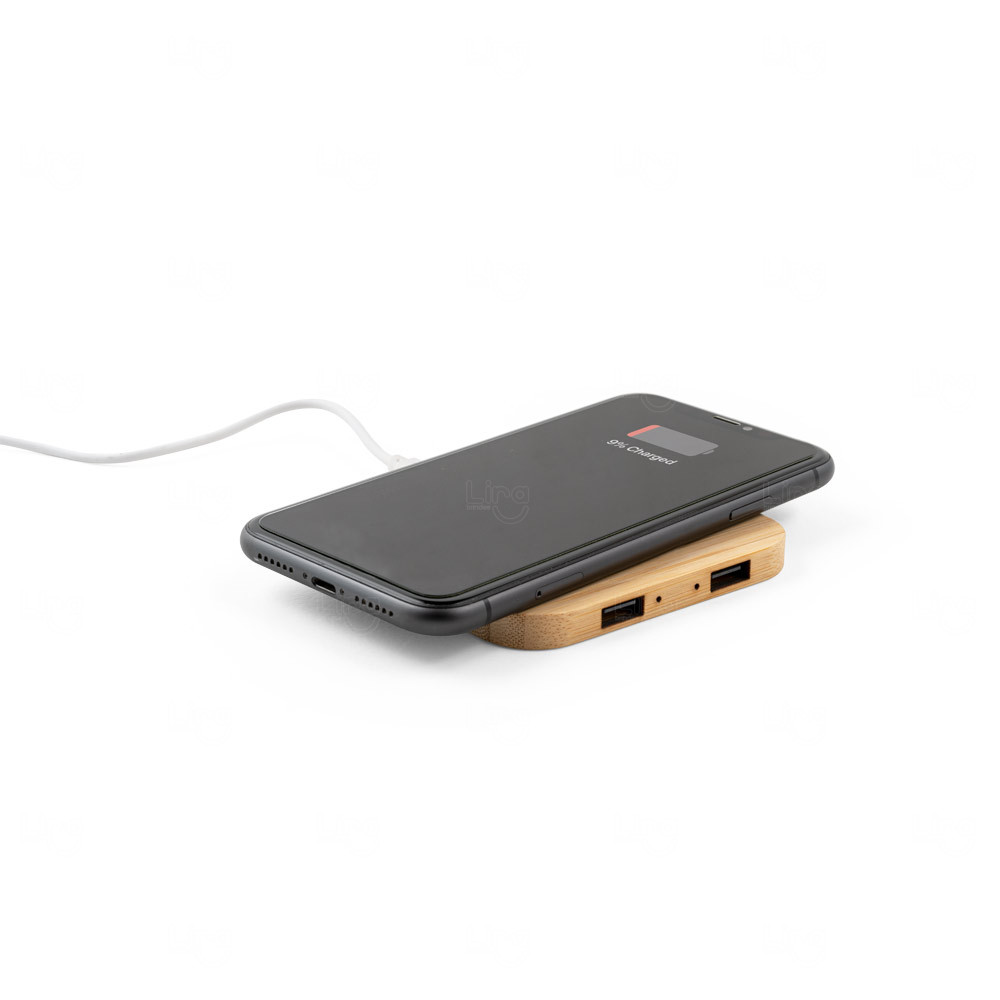 Base de Carregamento Wireless 15W em Bambu com Hub Personalizado 