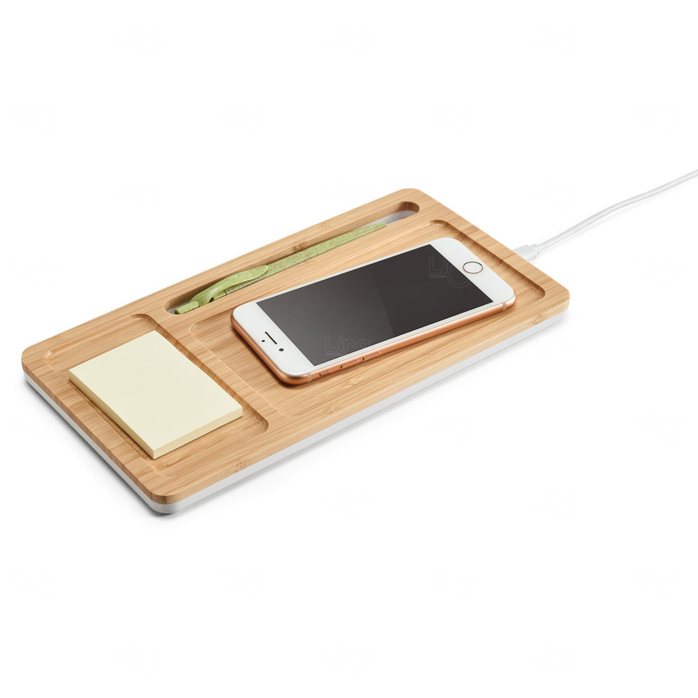 Organizador de Mesa com Carregador Sem Fio em Bambu Personalizado Natural
