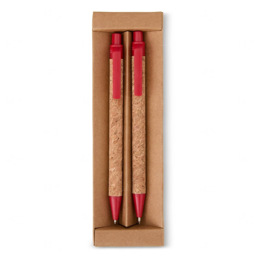 Kit Ecológico Caneta e Lapiseira de Cortiça Personalizado Vermelho