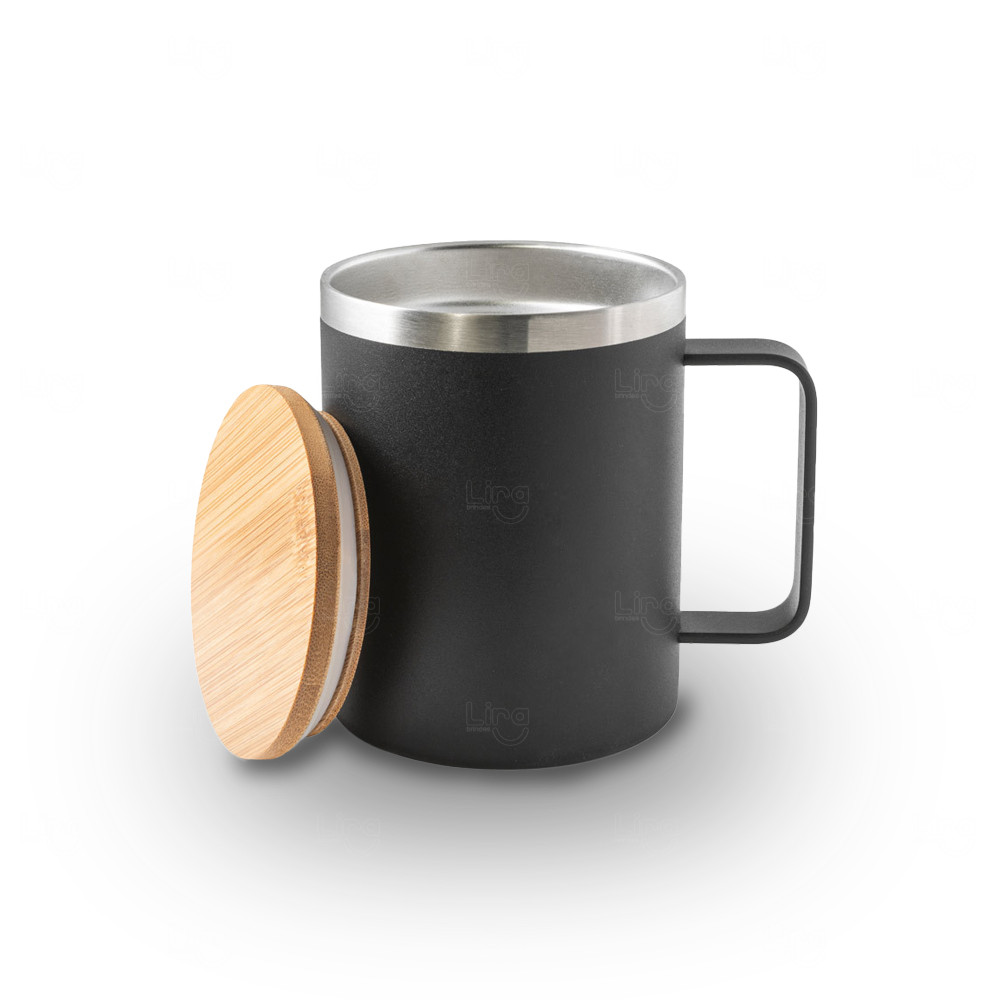 Caneca Térmica 420ml Inox Reciclado e Tampa Bambu Personalizada 