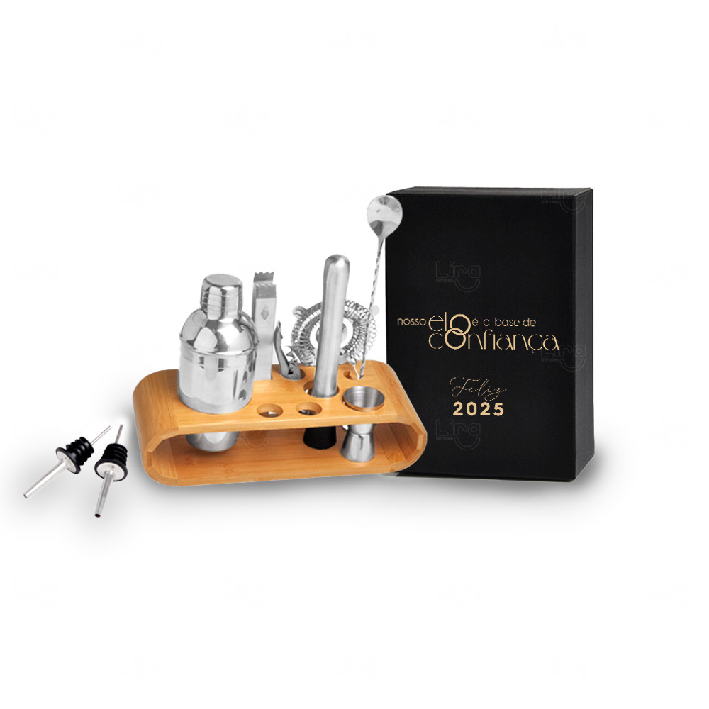 Kit Bar 10 Peças em Aço Inox com Base Bambu Personalizado Inox
