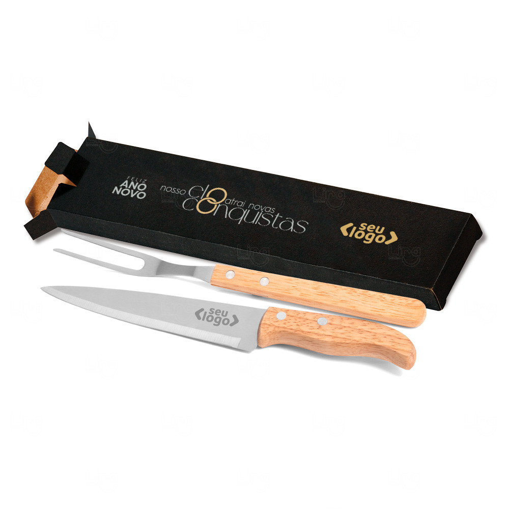 Kit Churrasco Faca e Garfo em Inox/Madeira Personalizado Preto