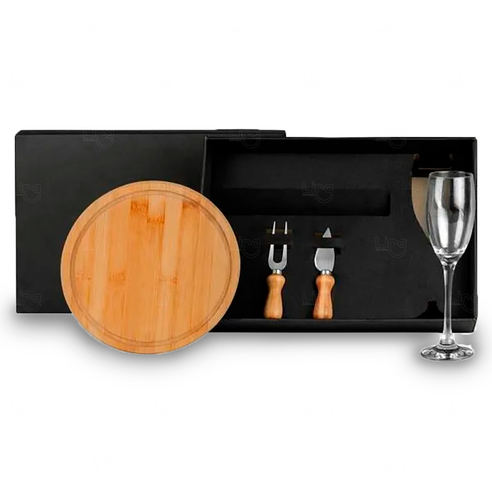 Kit Queijo com taça para Champagne 4 Peças Personalizado Bambu