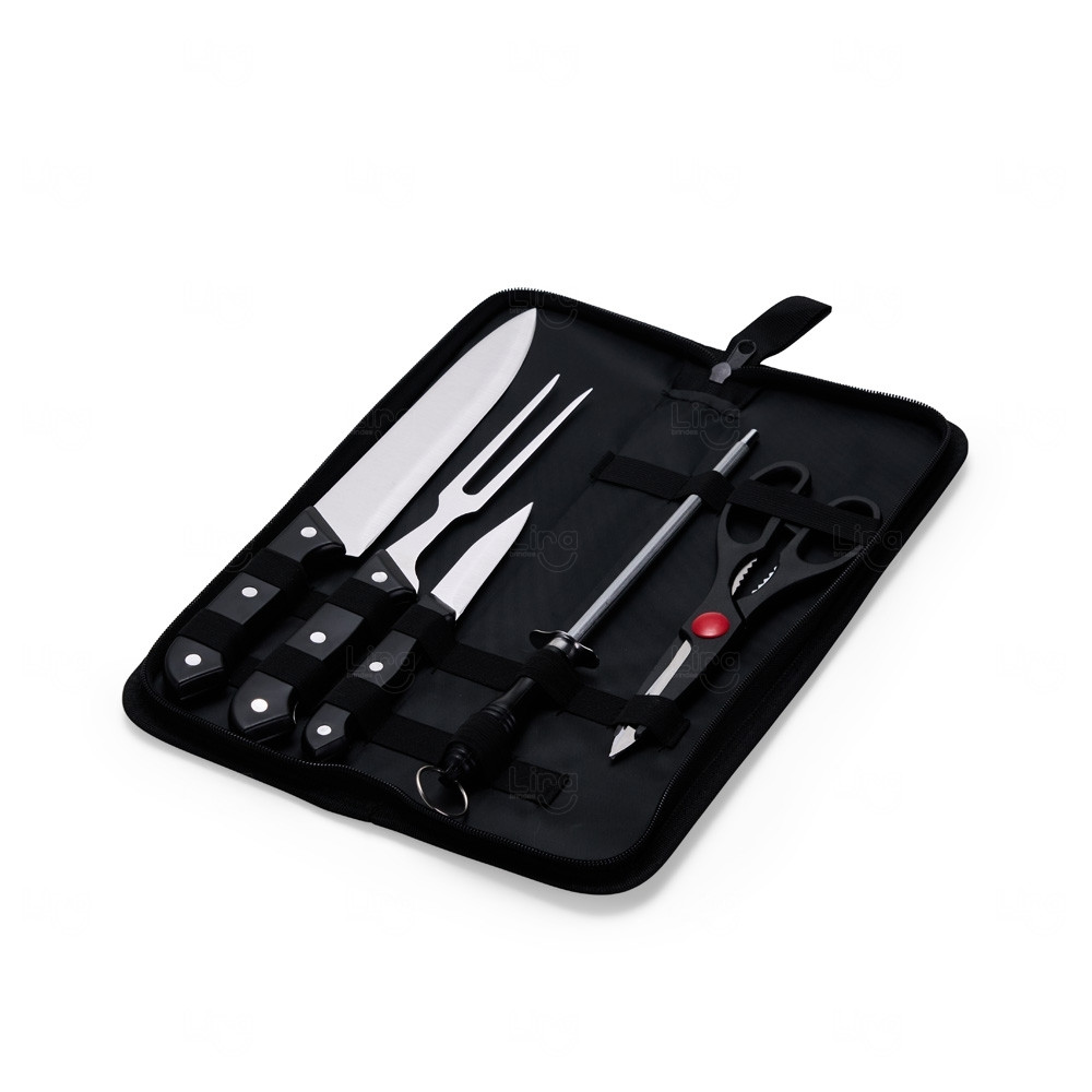 Kit Churrasco Personalizado com 5 Peças Inox e Estojo 