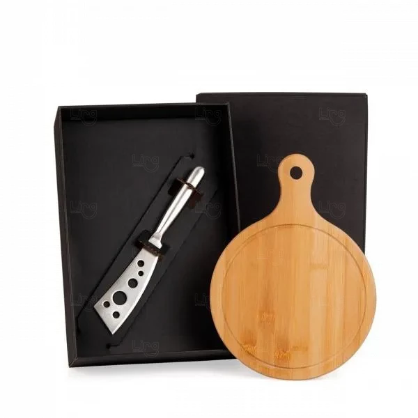 Kit para Queijo com Tábua de Bambu e Faca Preto