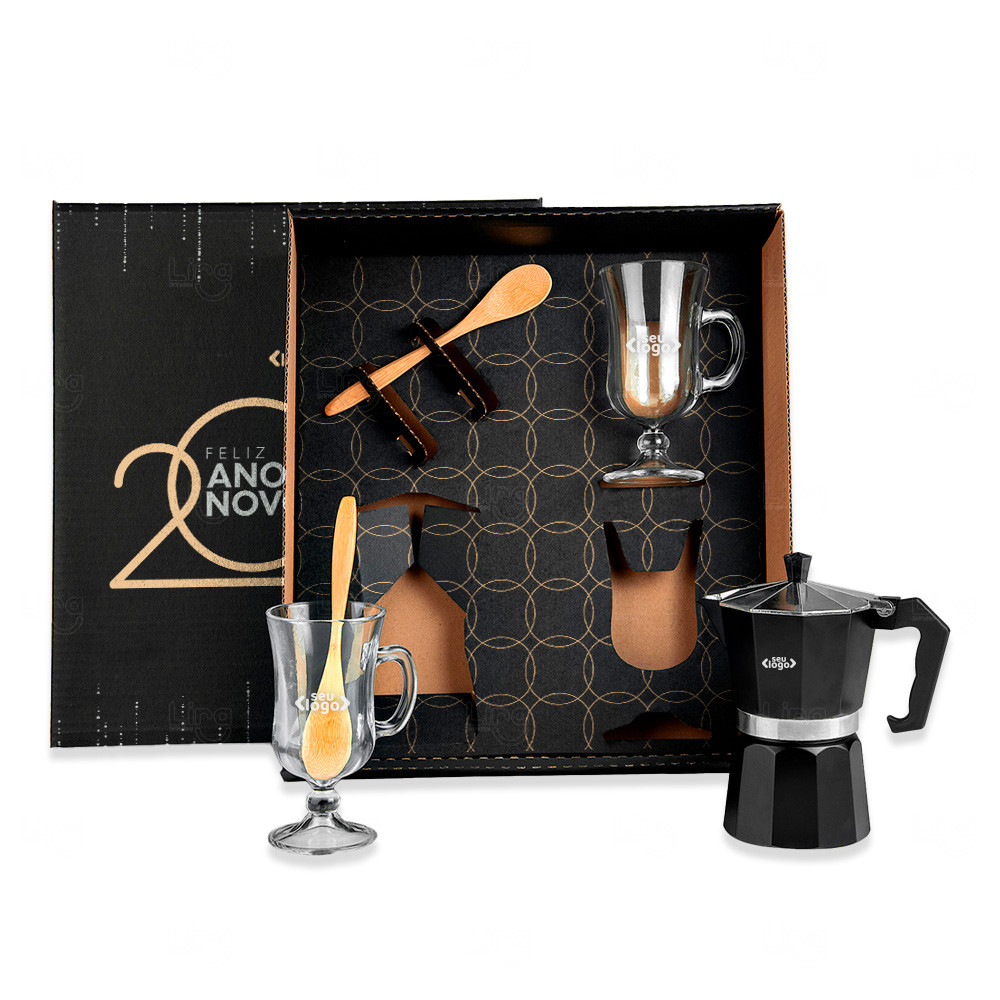 Kit Café com Cafeteira Italiana - 5 Peças - Personalizado Preto
