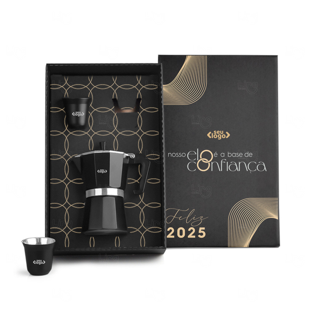 Kit Café com Cafeteira Moka e Copos Inox Personalizado 