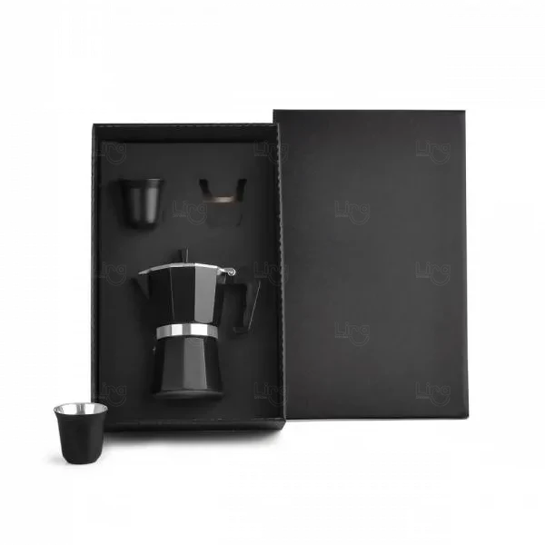 Kit Café com Cafeteira Moka e Copos Inox Personalizado Preto