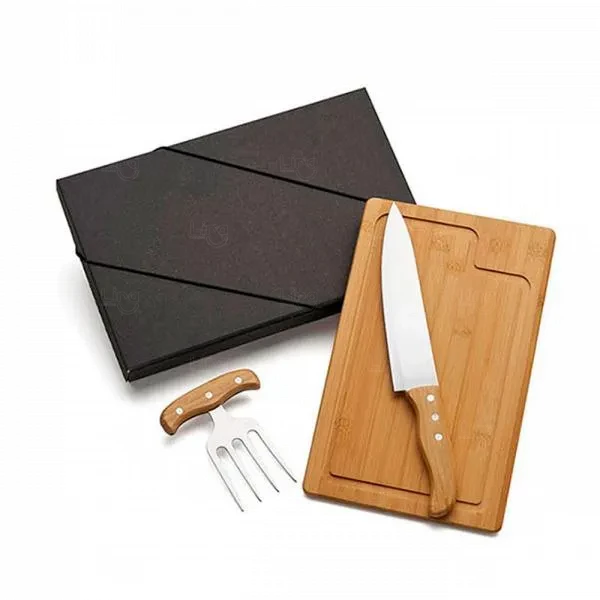 Kit Personalizado p/ Churrasco Bambu Com Garfo 4 Dentes - 3 Pç 
