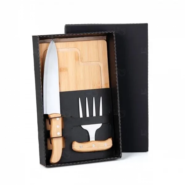 Kit Personalizado p/ Churrasco Bambu Com Garfo 4 Dentes - 3 Pç 