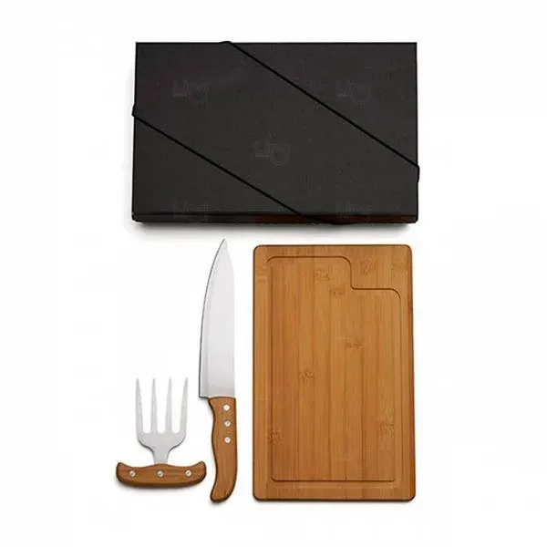 Kit Personalizado p/ Churrasco Bambu Com Garfo 4 Dentes - 3 Pç 