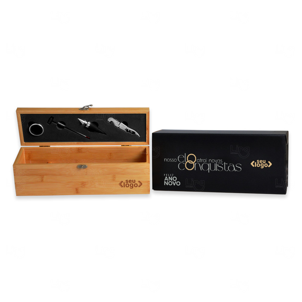Kit Vinho 5 Peças com Estojo em Bambu Personalizado 