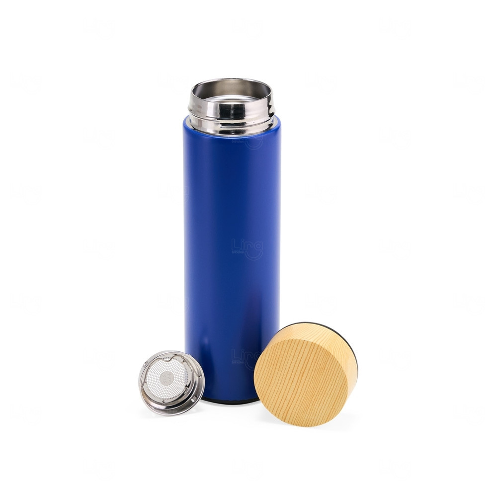 Garrafa Térmica 450ml Infusor e Tampa de Madeira - Personalizada 
