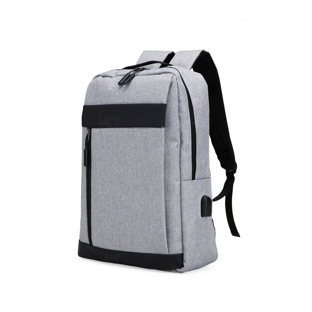 Mochila de Nylon  21L com USB Externo Personalizada Cinza
