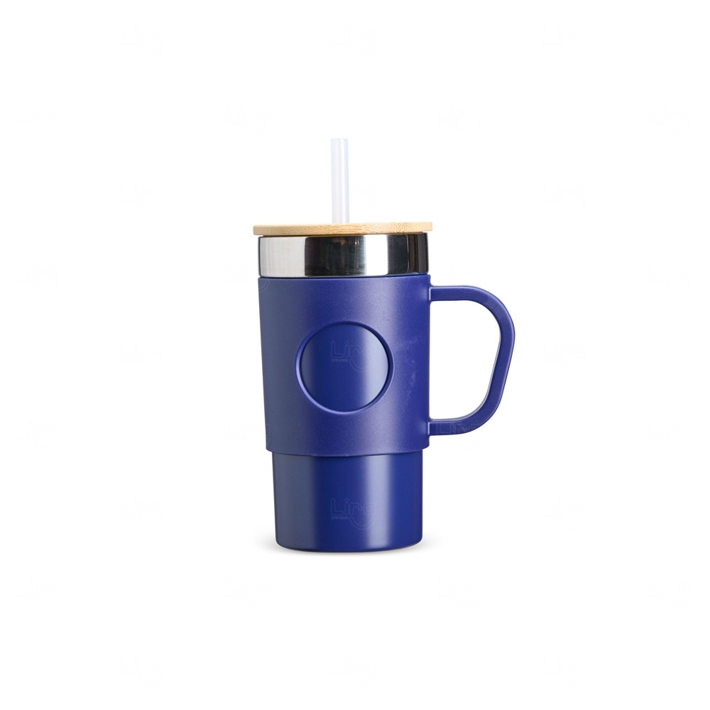 Caneca Térmica Aço Inox com Tampa de Bambu Personlizada - 400ml Azul