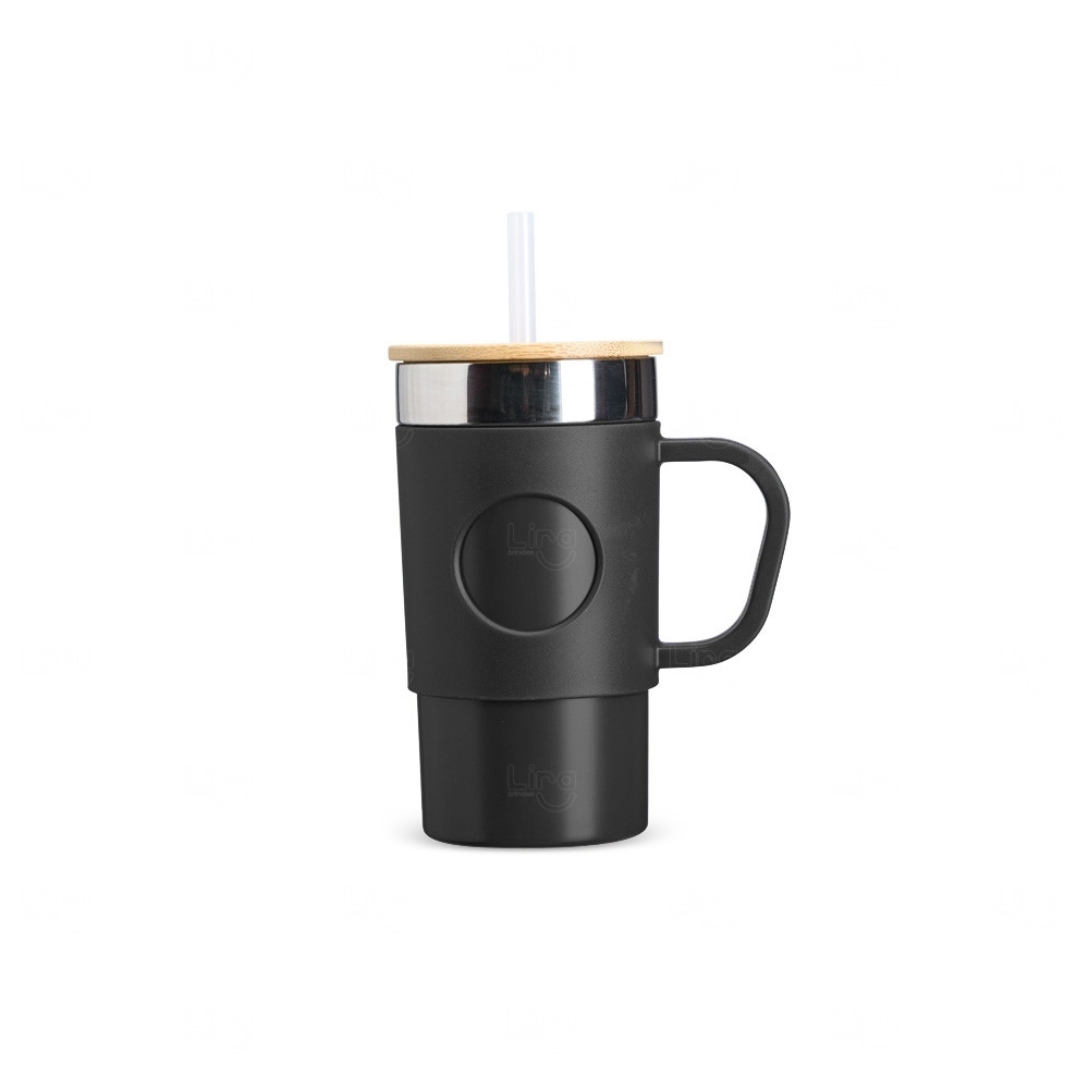 Caneca Térmica Aço Inox com Tampa de Bambu Personlizada - 400ml Preto