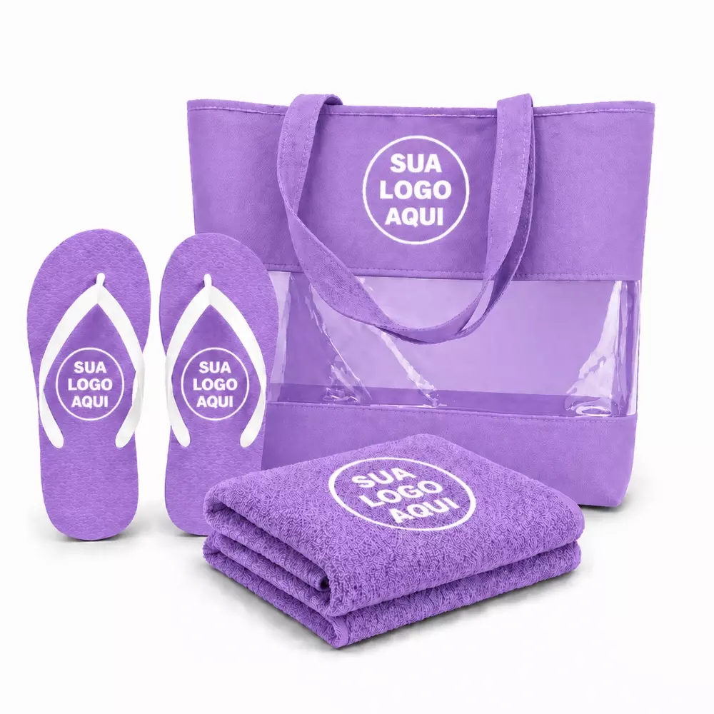 Kit Praia Personalizado - Sacola, Chinelo e Toalha Lilás