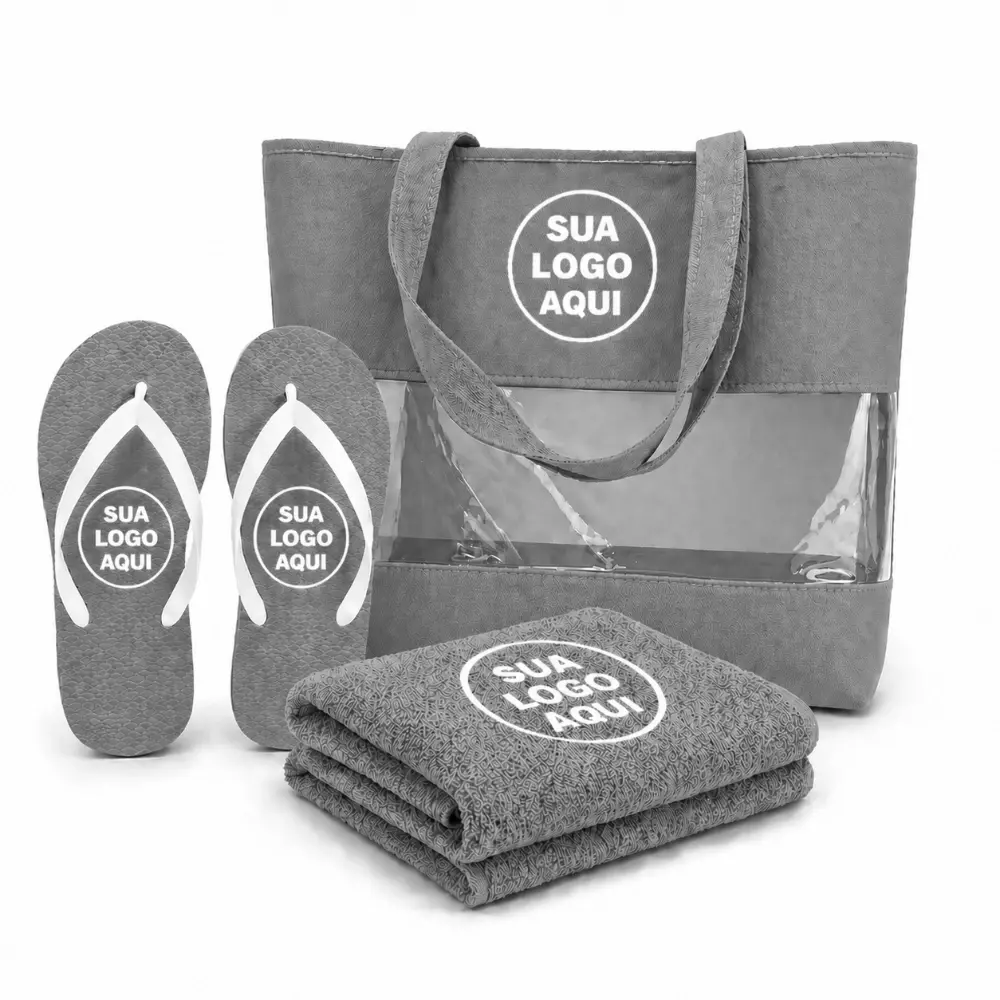 Kit Praia Personalizado - Sacola, Chinelo e Toalha Cinza Claro