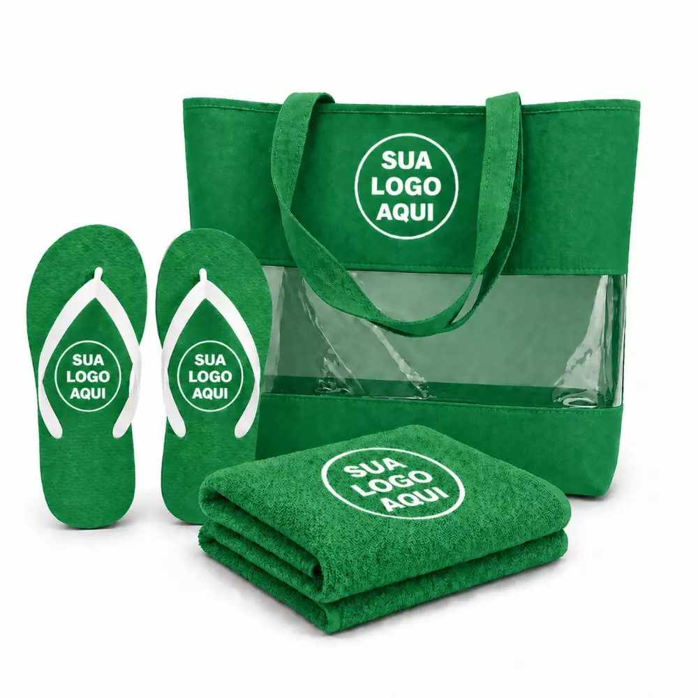 Kit Praia Personalizado - Sacola, Chinelo e Toalha Verde Bottle