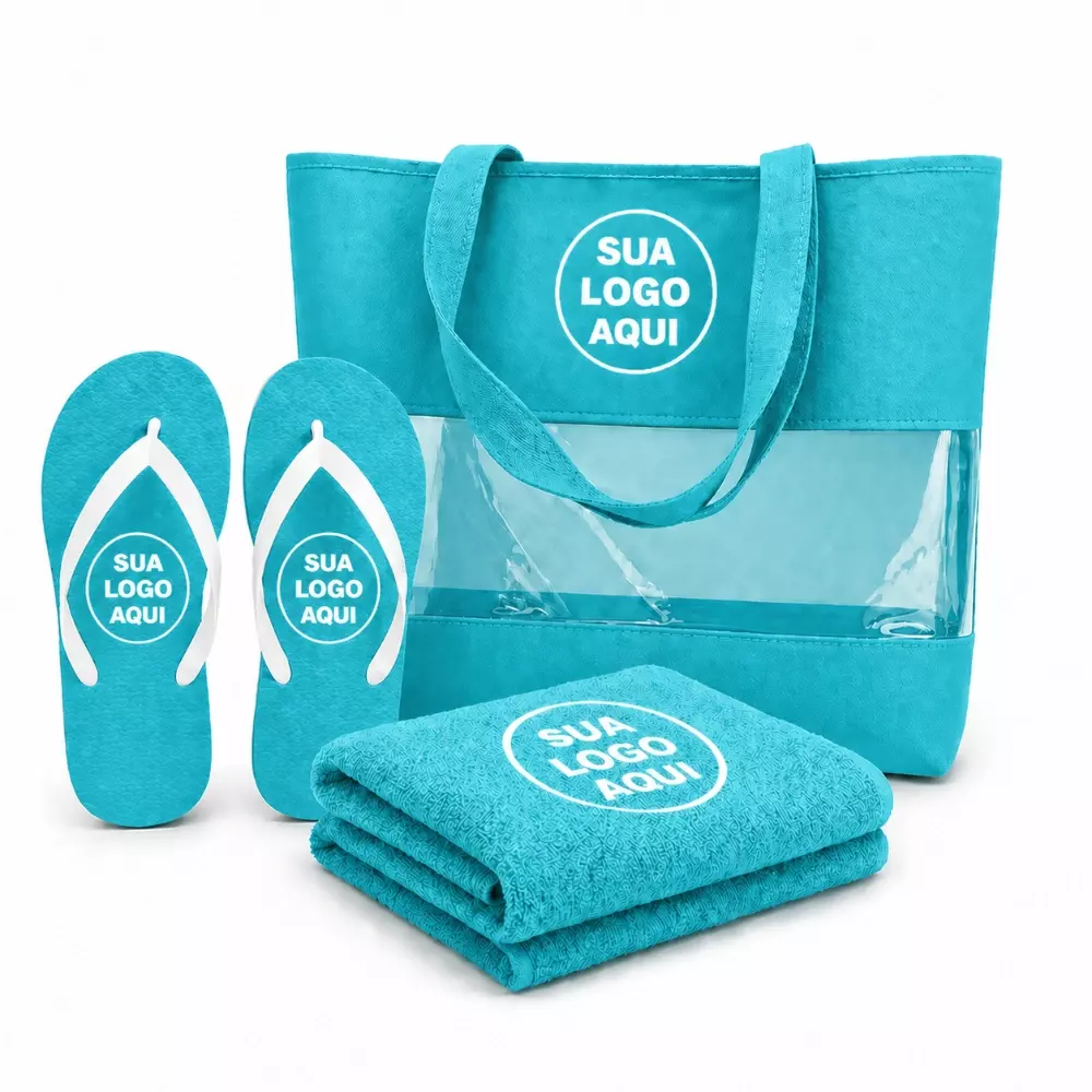 Kit Praia Personalizado - Sacola, Chinelo e Toalha Turquesa